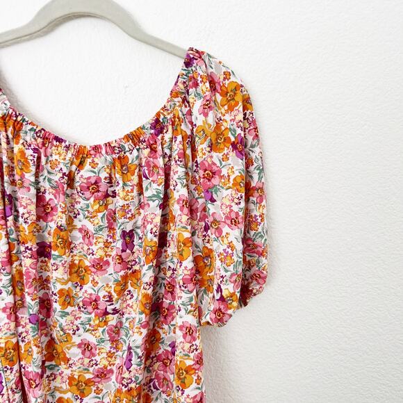 [W5] Pink Orange Floral Print Puff Sleeve Smocked Neck Scoop Blouse Sz Medium M - Picture 4 of 10